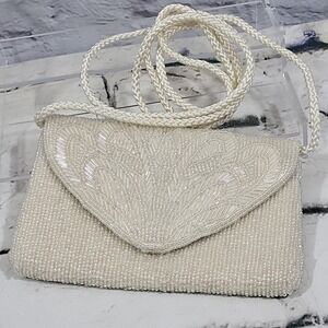Vintage Ivory Color Elegant Sparkle Shimmer Beaded Evening Small Purse Crossbody